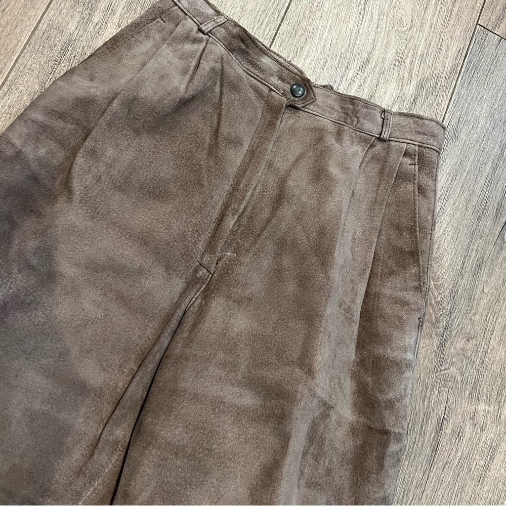 Vintage‎ Vegan Suede Pants Mocha Brown Sz 24" Pleated Waist High Rise Leather - Picture 3 of 11